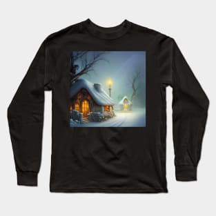 Magical Fantasy Cottage with Lights In A Snowy Scene, Scenery Nature Long Sleeve T-Shirt